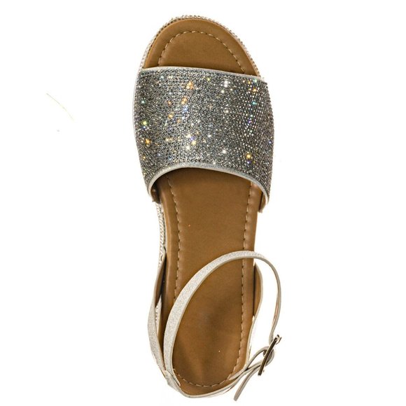 NEW Diamante Rhinestone Glitter Ankle Strap Platform Wedge Heel Sandals Open Toe - Picture 8 of 10